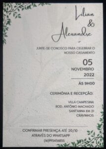 Convite de casamento em Papel Semente Fratos formato A5140x200 cor 4x0 Lilian e Alexandre